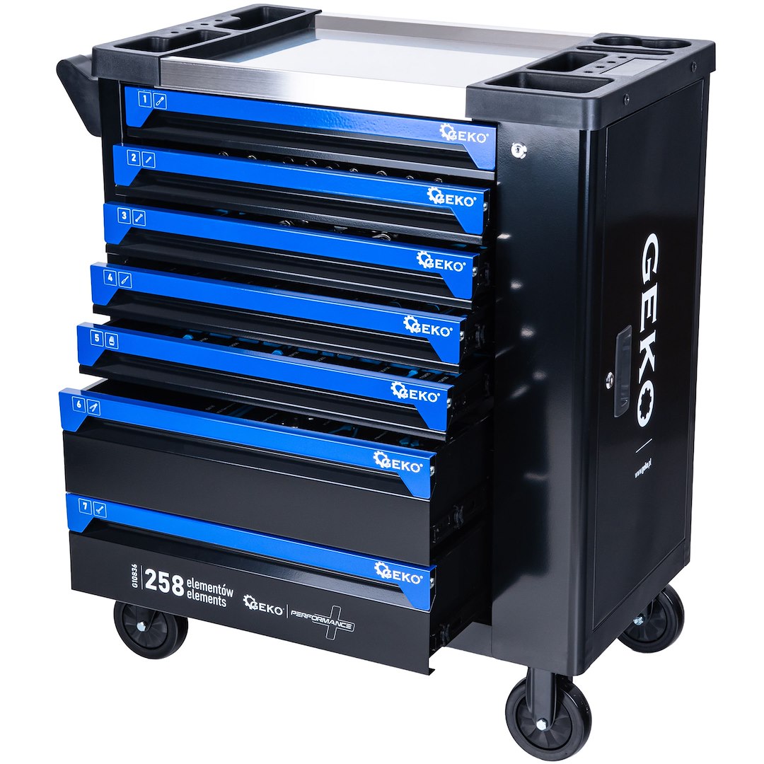 CARRO DE FERRAMENTAS COM 7 GAVETAS E 258 PEÇAS              